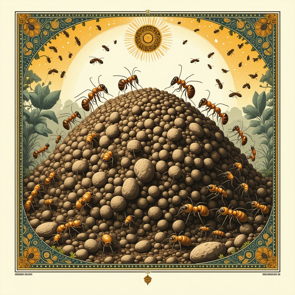 Illustration of ants building an anthill with Islamic spiritual symbols