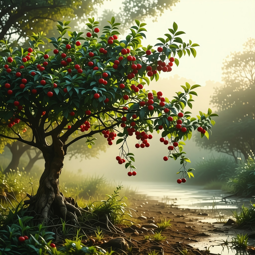 Cherry tree with ripe red cherries glowing in soft sunlight surrounded by morning mist, representing spiritual renewal