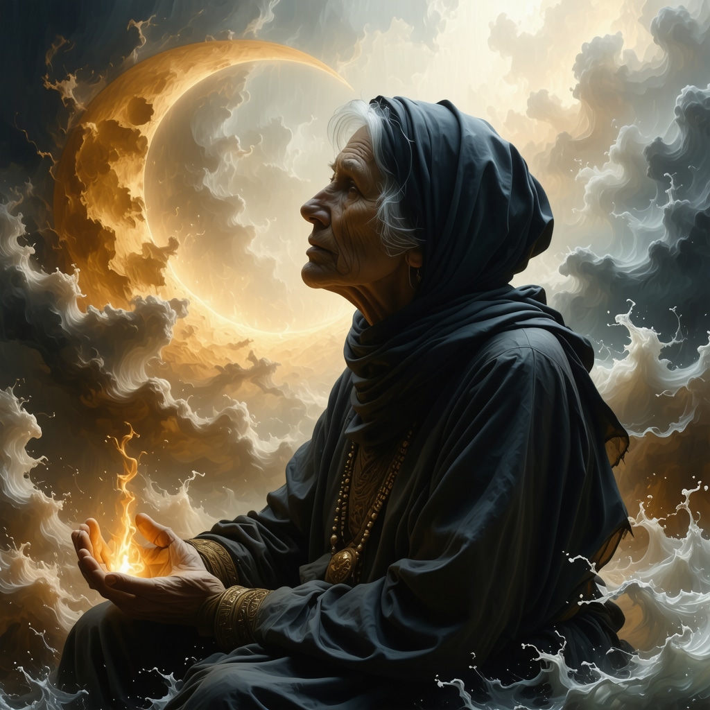 Dream image showing an elderly woman surrounded by crescent moon, water, Quranic verses and fire symbols representing Islamic dream interpretation