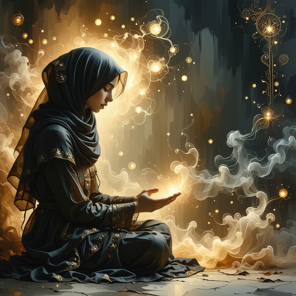 An ethereal Islamic dreamscape showing a luminous mother figure speaking to a contemplative person with spiritual symbols
