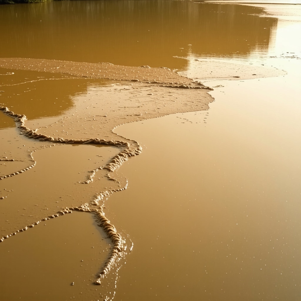 Flowing muddy river with warm and cold tones representing spiritual trials and ambiguity in Islamic dream interpretation