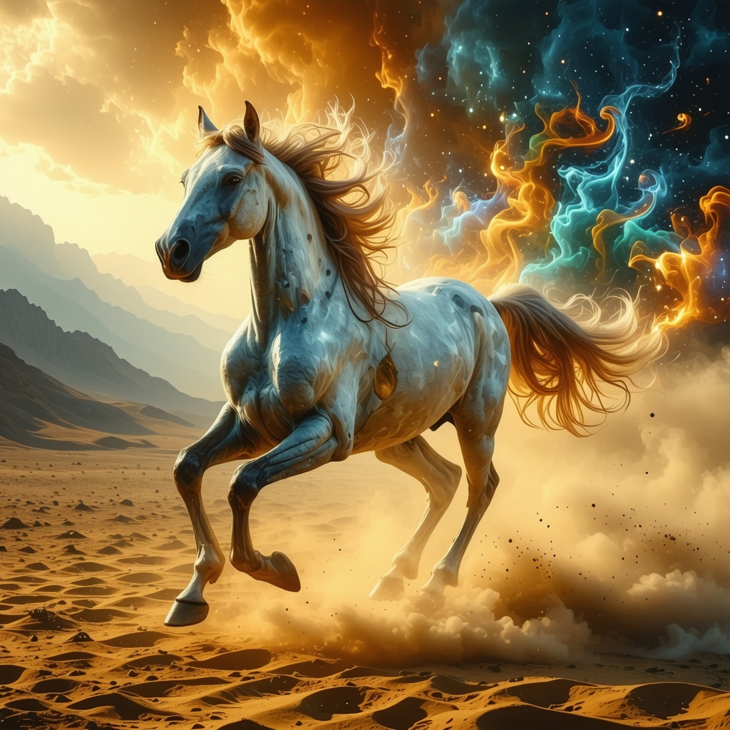 Artistic depiction of a galloping horse embodying spiritual and mystical symbolism in Islam