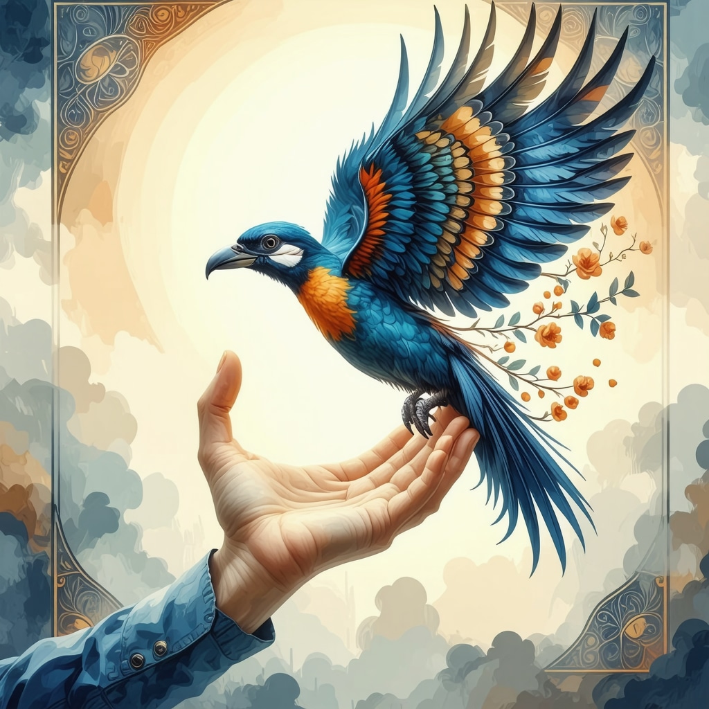 Close-up of a hand gently holding a colorful exotic bird with Islamic geometric patterns in the background