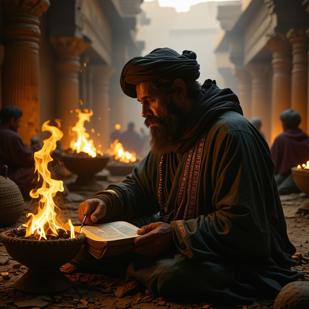 An Islamic scholar studying manuscripts illuminated by firelight symbolizing spiritual transformation in dreams