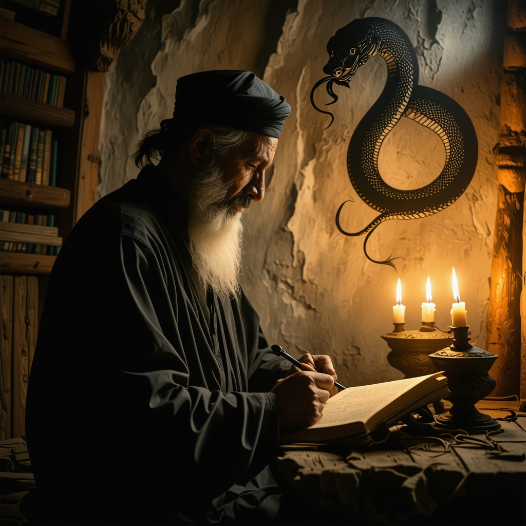 An Islamic scholar writing in a dream journal with a faint black snake shadow symbolizing dream interpretation
