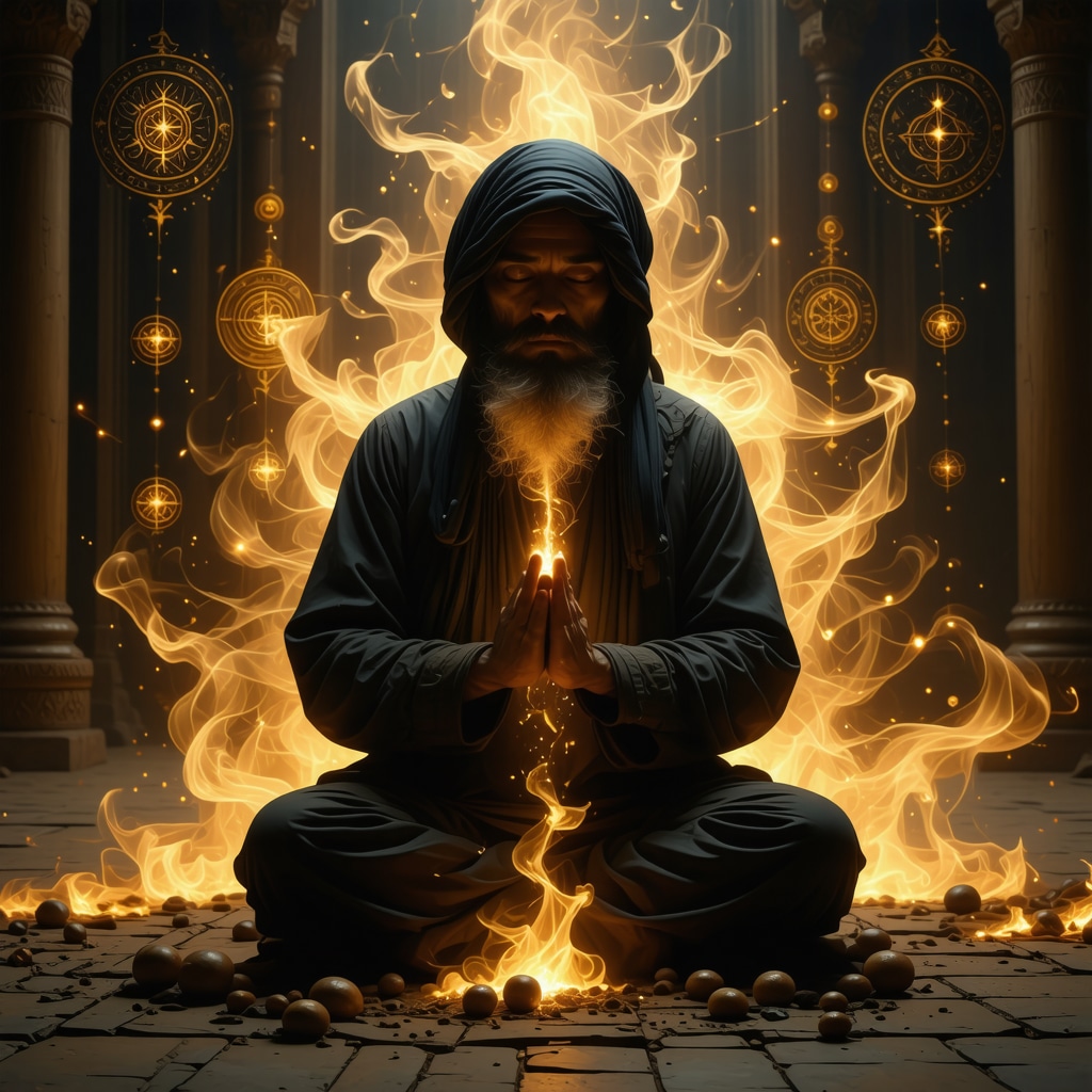 Illustration of Islamic scholar meditating surrounded by symbolic dream imagery including excrement and spiritual motifs