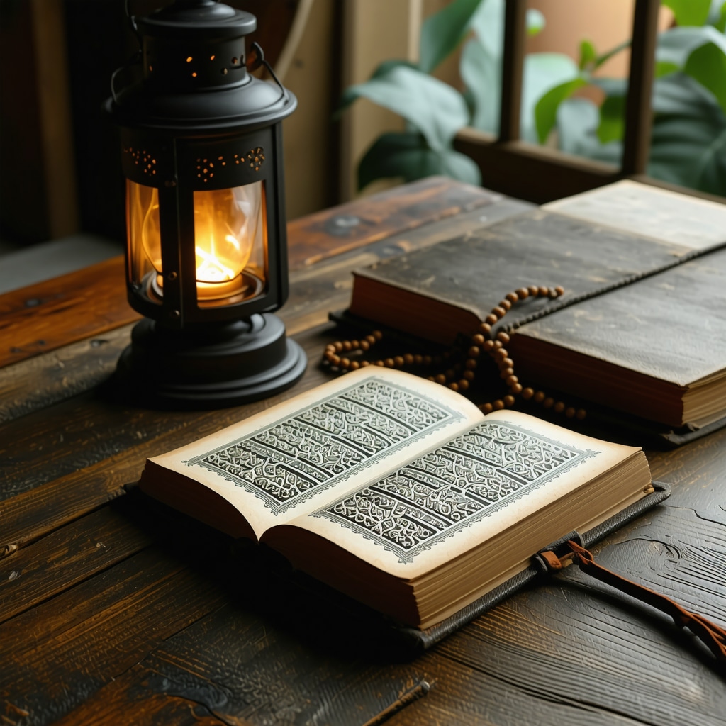 Open Quran with dream journal and prayer beads in a peaceful Islamic study environment