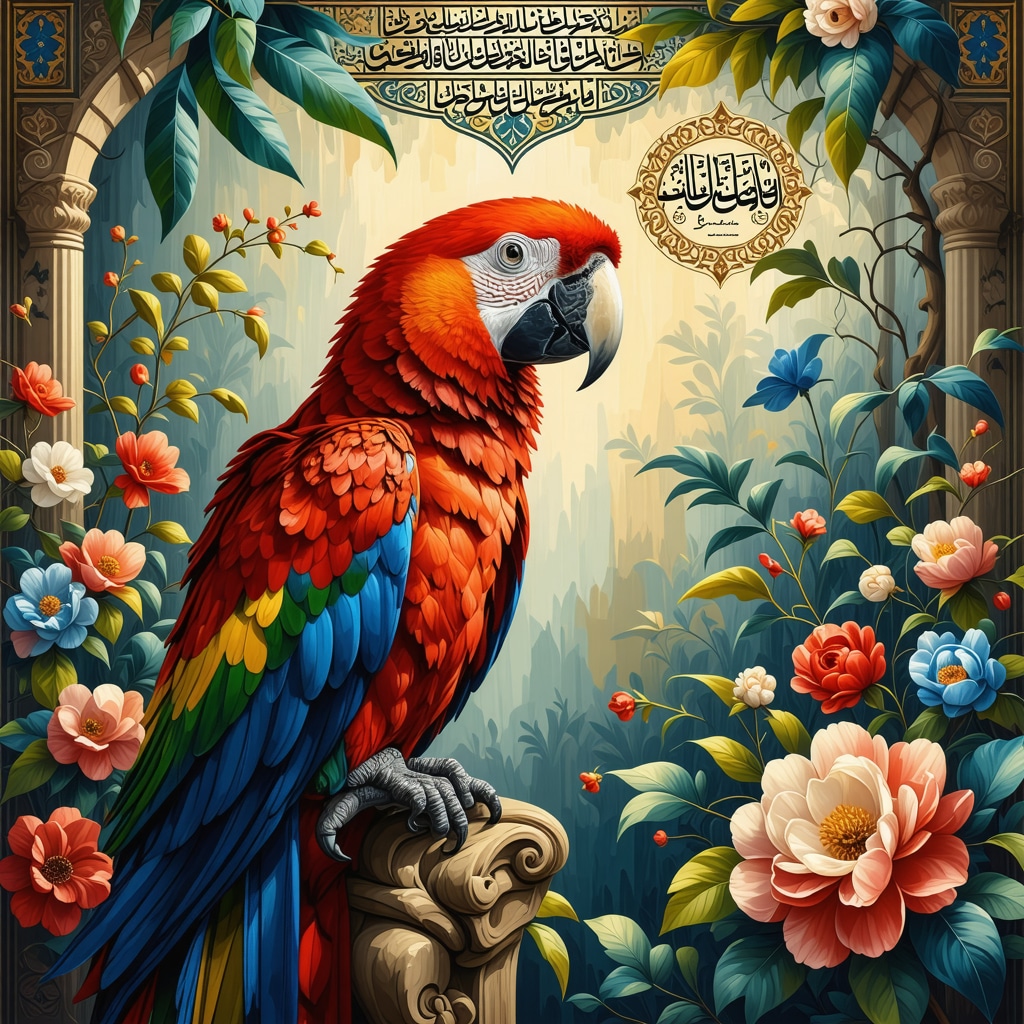 A multicolored parrot perched in a lush Islamic garden with Arabic calligraphy background symbolizing spiritual freedom