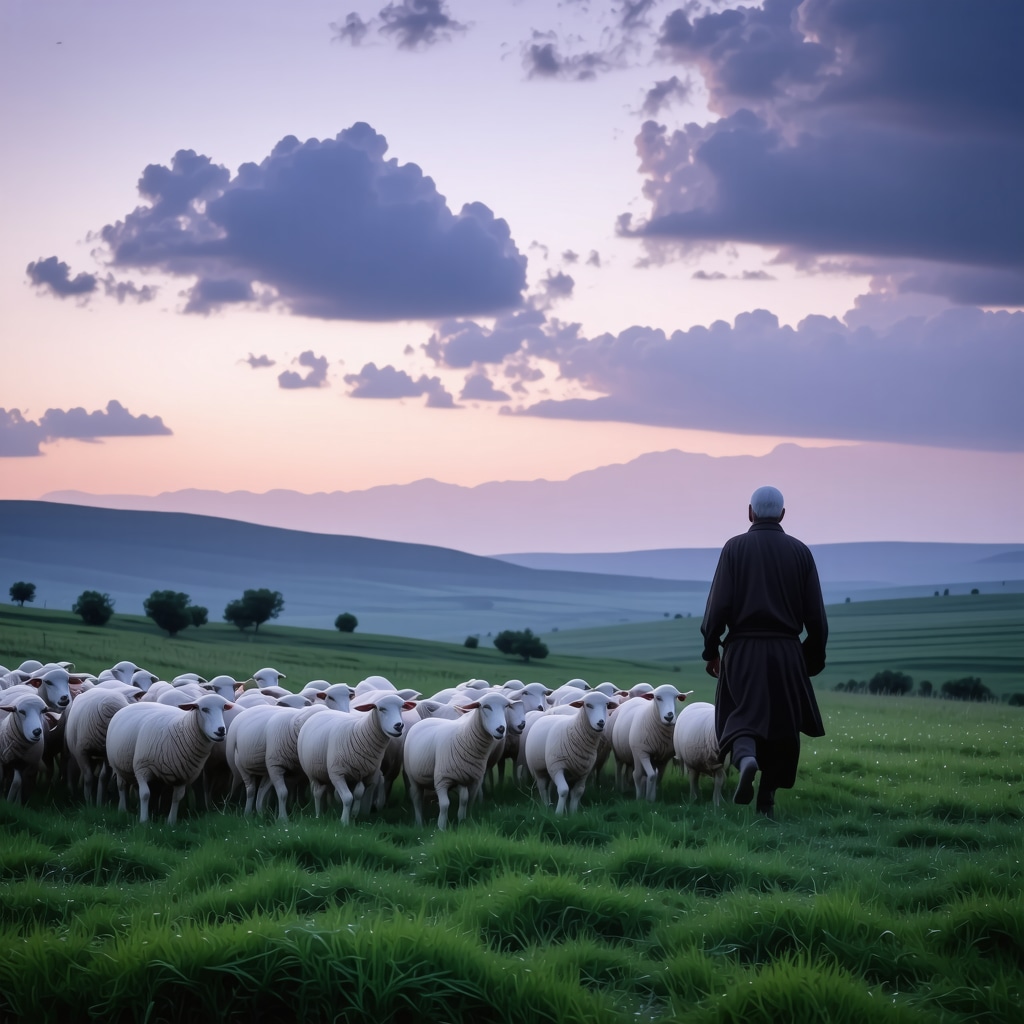Shepherd leading white sheep on green hillside under twilight sky symbolizing ethical leadership in Islamic dream interpretation