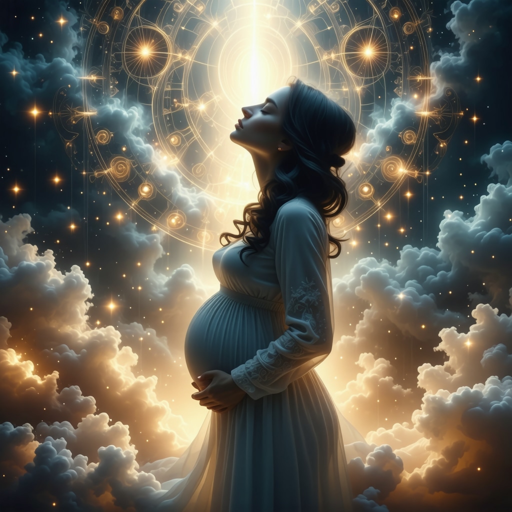 Ethereal image of a pregnant woman enveloped in light with Islamic geometric motifs illustrating spiritual dream interpretation