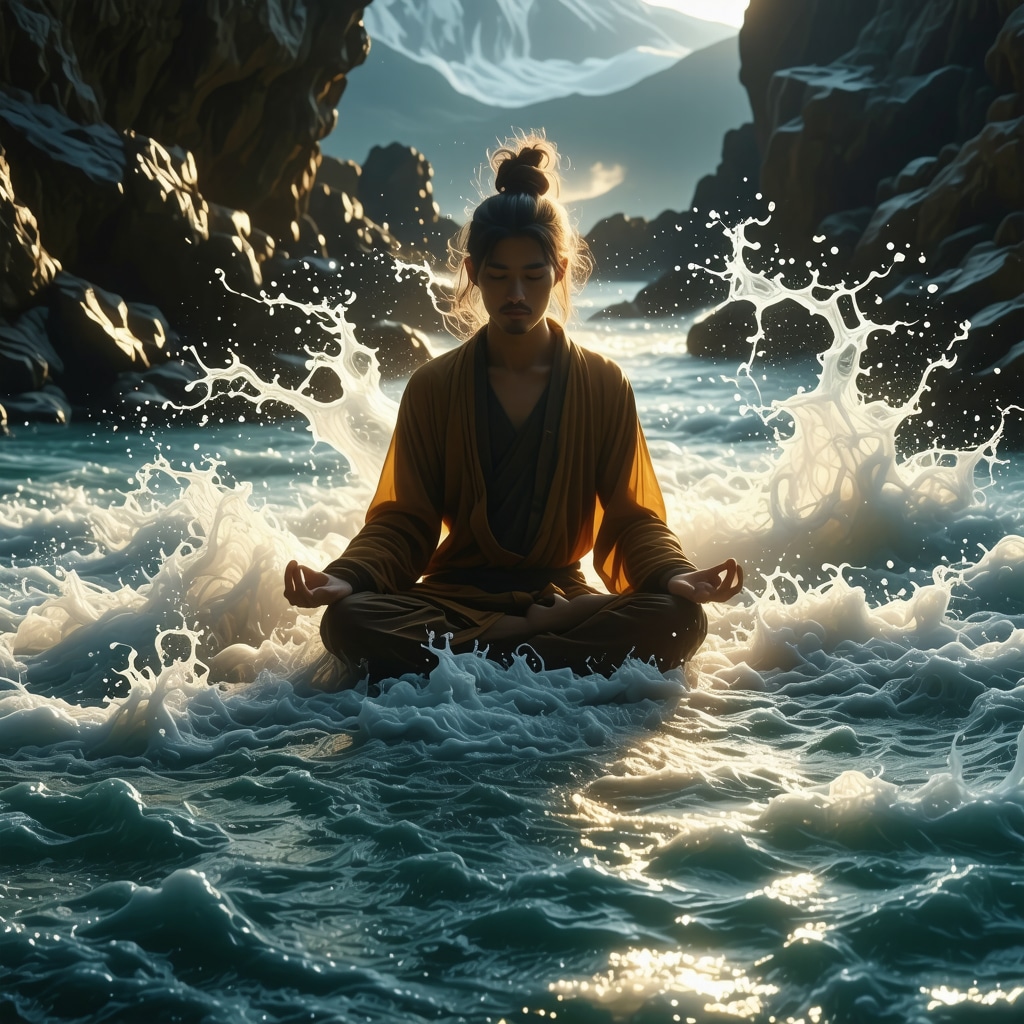 Meditative figure immersed in luminous floodwaters symbolizing spiritual awakening and divine knowledge in Islamic dream interpretation