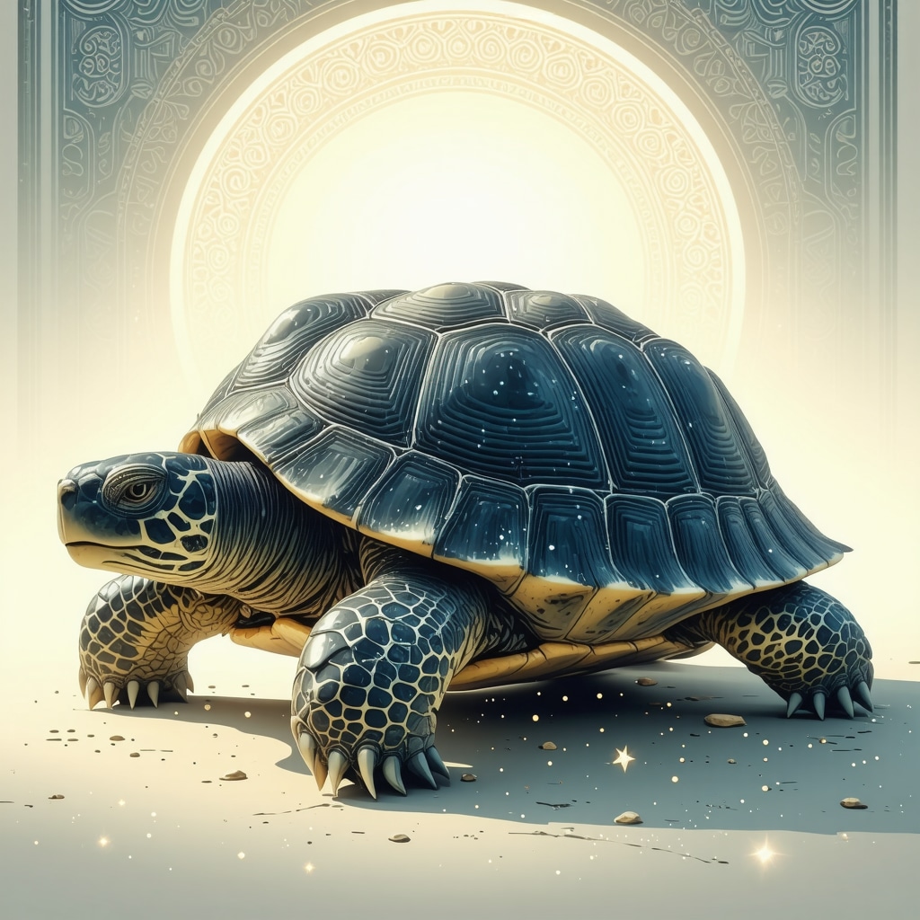 Illustration of a turtle with a glowing shell, surrounded by Islamic geometric patterns, representing spiritual protection and patience.