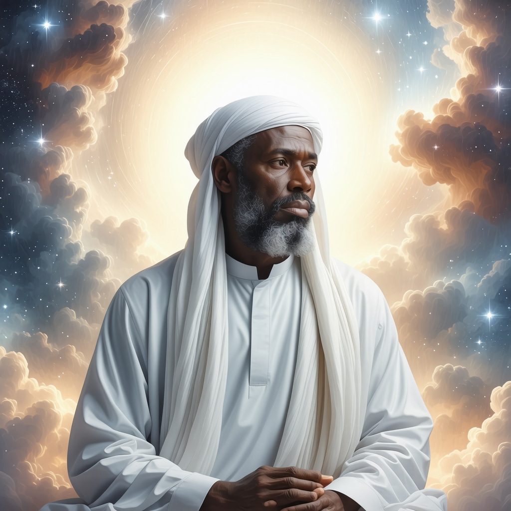 Deceased father figure in white robes under a starry night sky symbolizing Islamic dream guidance