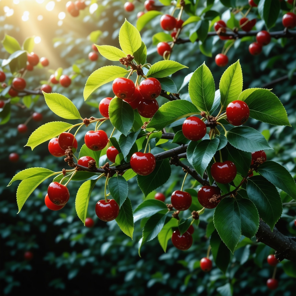 Cherry tree with ripe red cherries and lush green leaves symbolizing spiritual growth and renewal