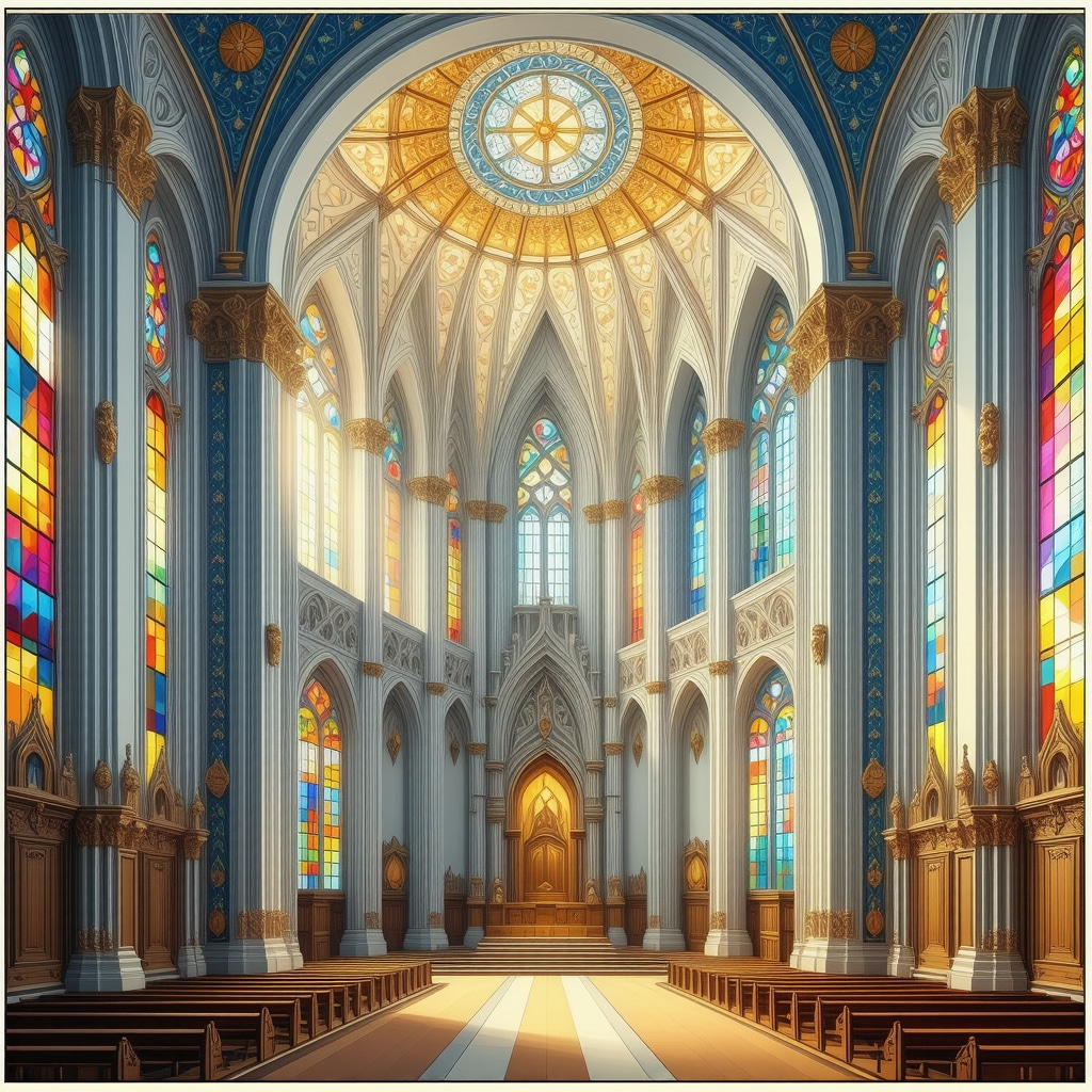 An artistic representation of a church featuring stained glass and Islamic geometric patterns illustrating interfaith dream symbolism