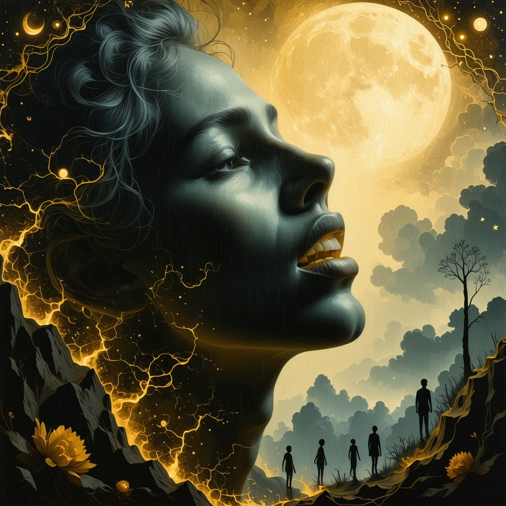 Artistic representation of a person dreaming of losing teeth surrounded by family and spiritual symbols