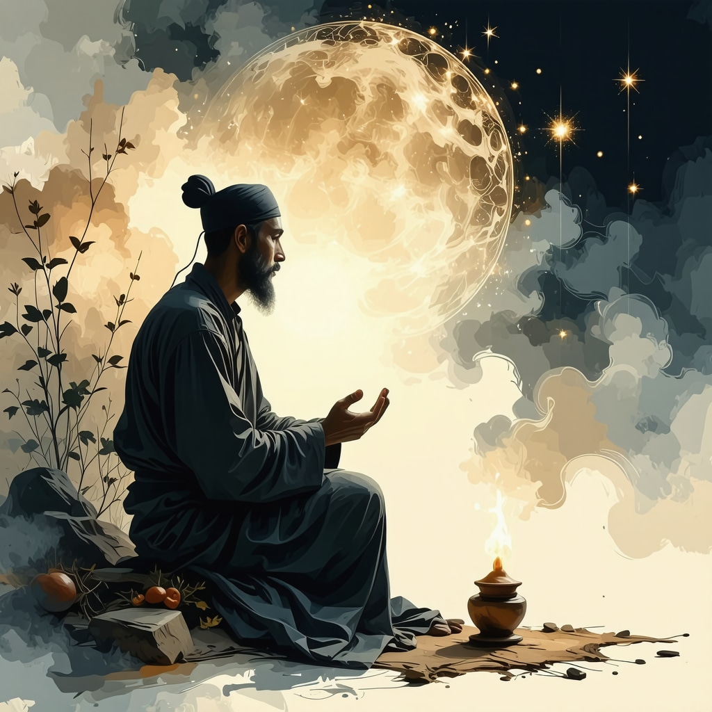 An Islamic mystic reflecting on spiritual meanings of excrement dreams with symbolic light and treasure imagery