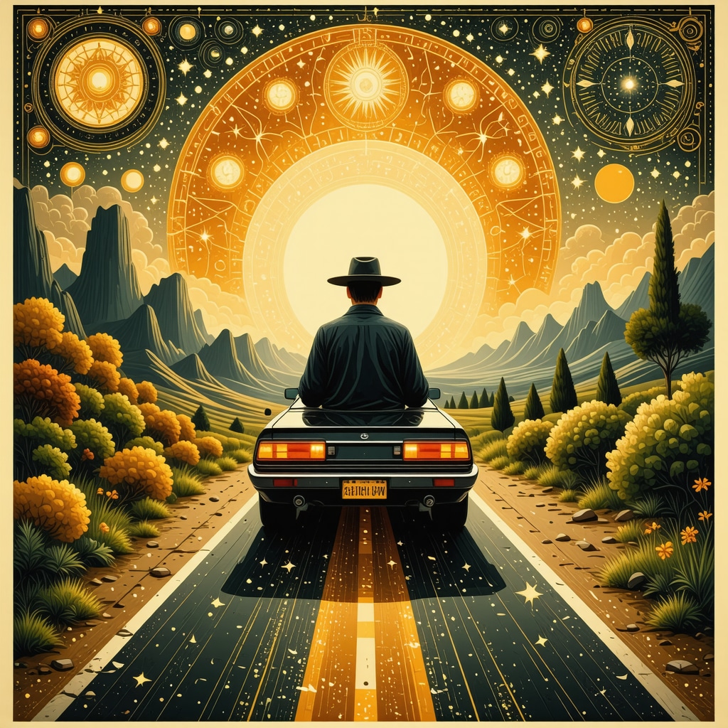 Illustration of a person driving a car surrounded by spiritual and Quranic symbols representing dream interpretation