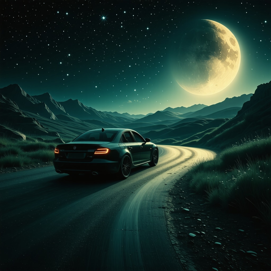 Person driving car on winding road from darkness to light symbolizing spiritual journey in Islamic dream