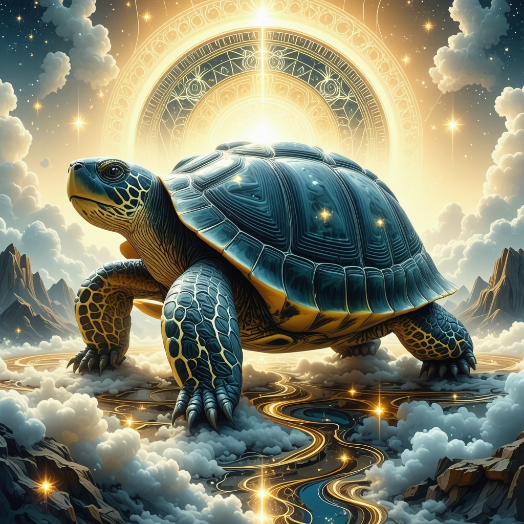 Illustration of a turtle symbolizing spiritual journey and protection with Islamic patterns and dream symbolism