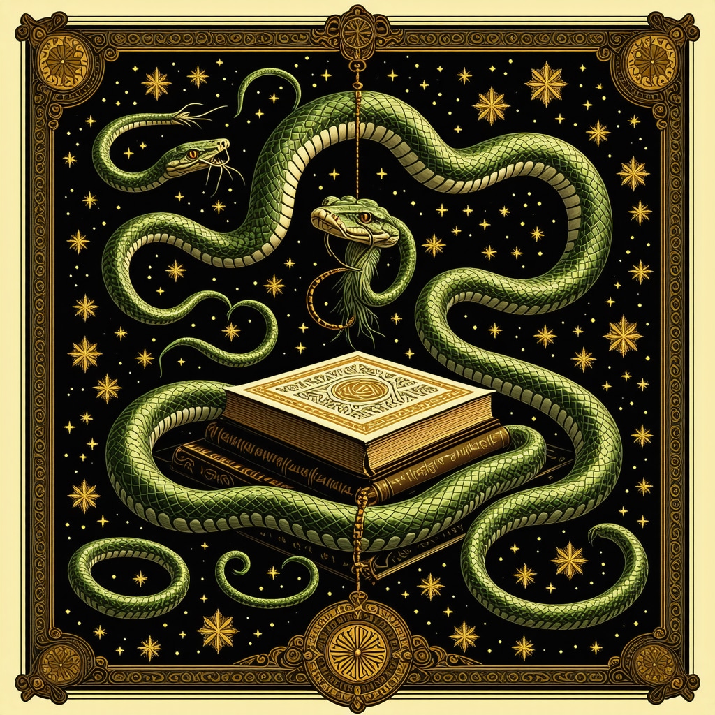 Intricate illustration of multiple snakes coiling around Quran and prayer beads representing Islamic dream symbolism
