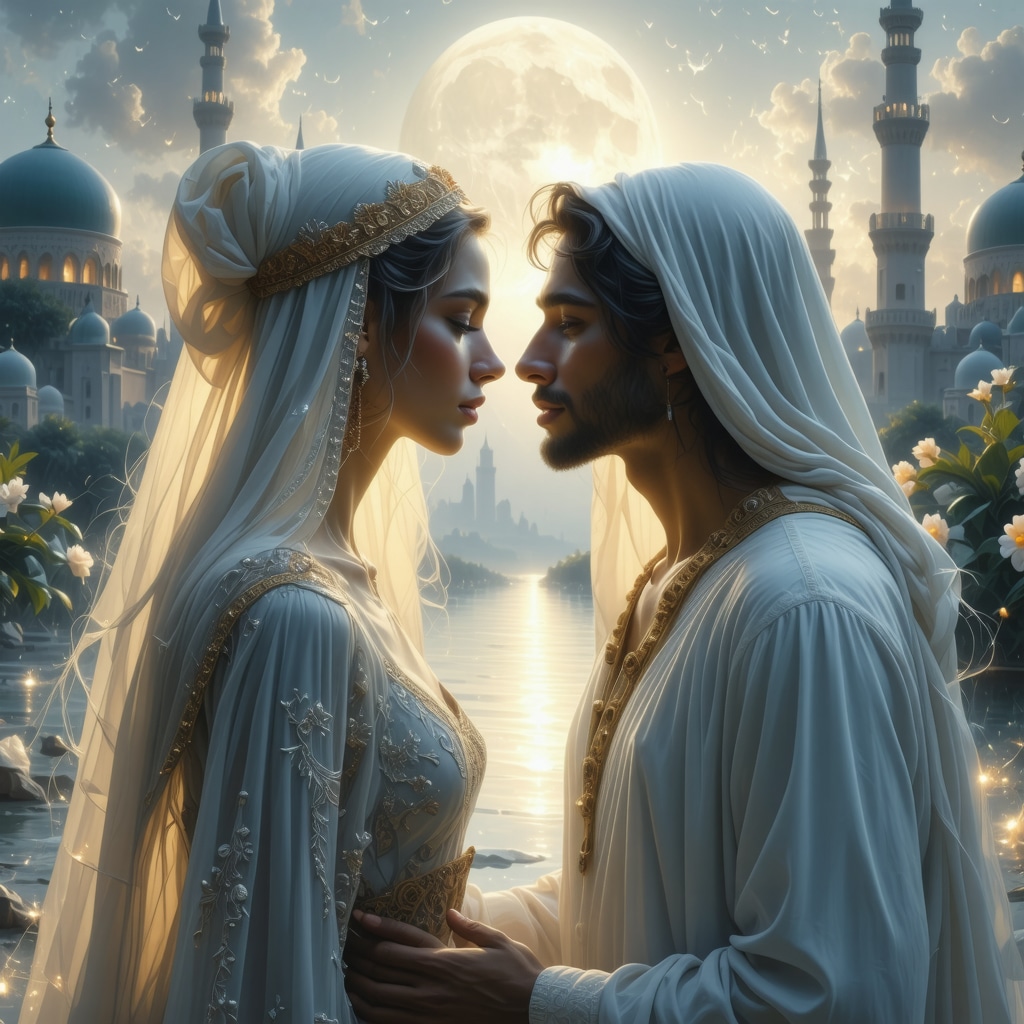 Ethereal figures exchanging a glowing kiss in a spiritual Islamic dreamscape with mosque architecture