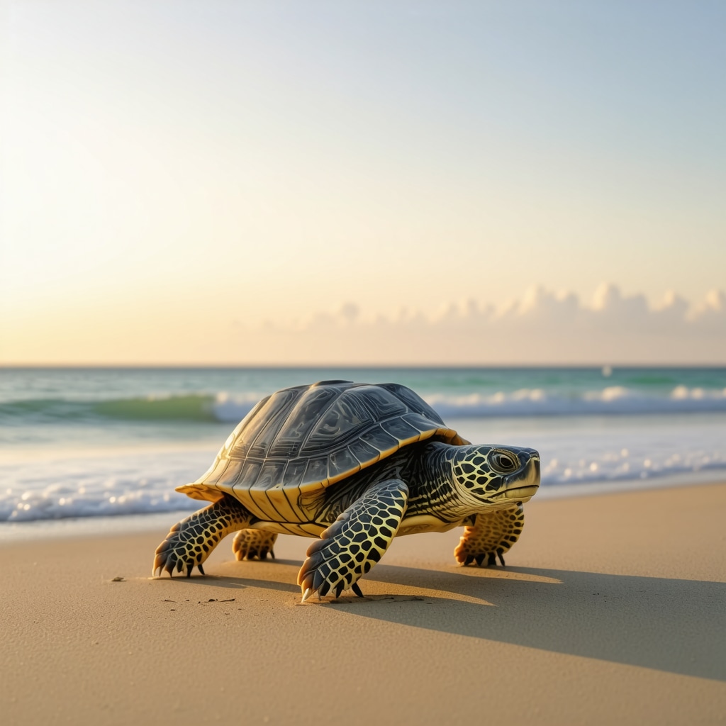 Turtle walking slowly on sandy beach representing patience and spiritual resilience
