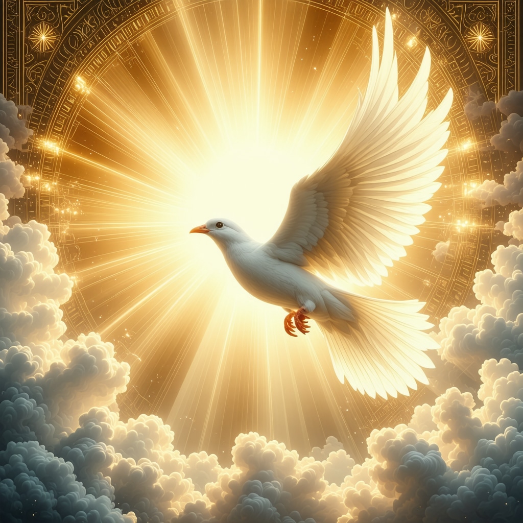 White bird flying upward with golden sky and Islamic patterns