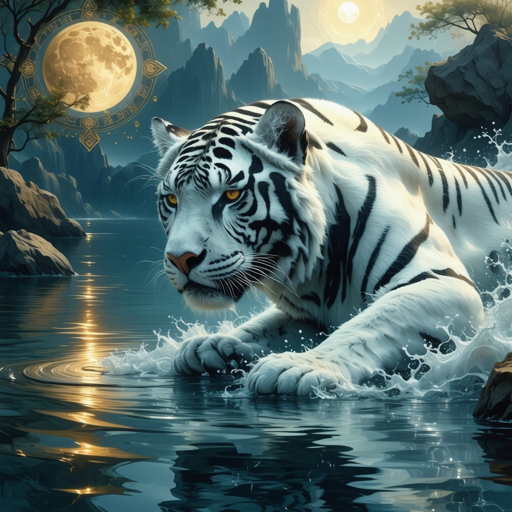 Illustration of a white tiger by calm water with Islamic geometric patterns, symbolizing spiritual awakening and harmony