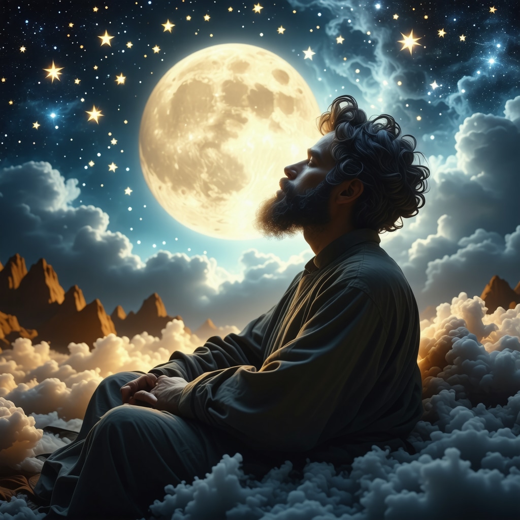 Ethereal dream scene with unknown man and Islamic symbols