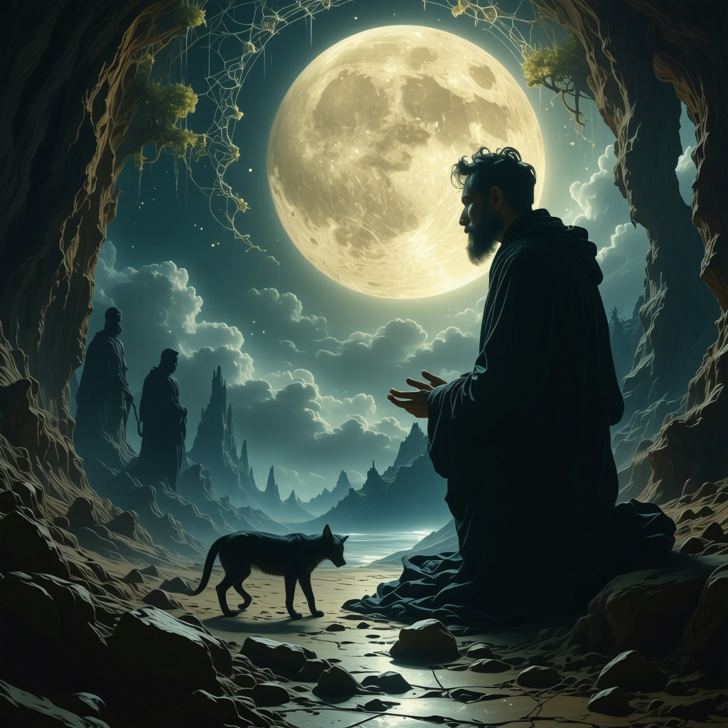 Spiritual dreamscape showing a person confronting a shadowy devil figure symbolizing inner conflict