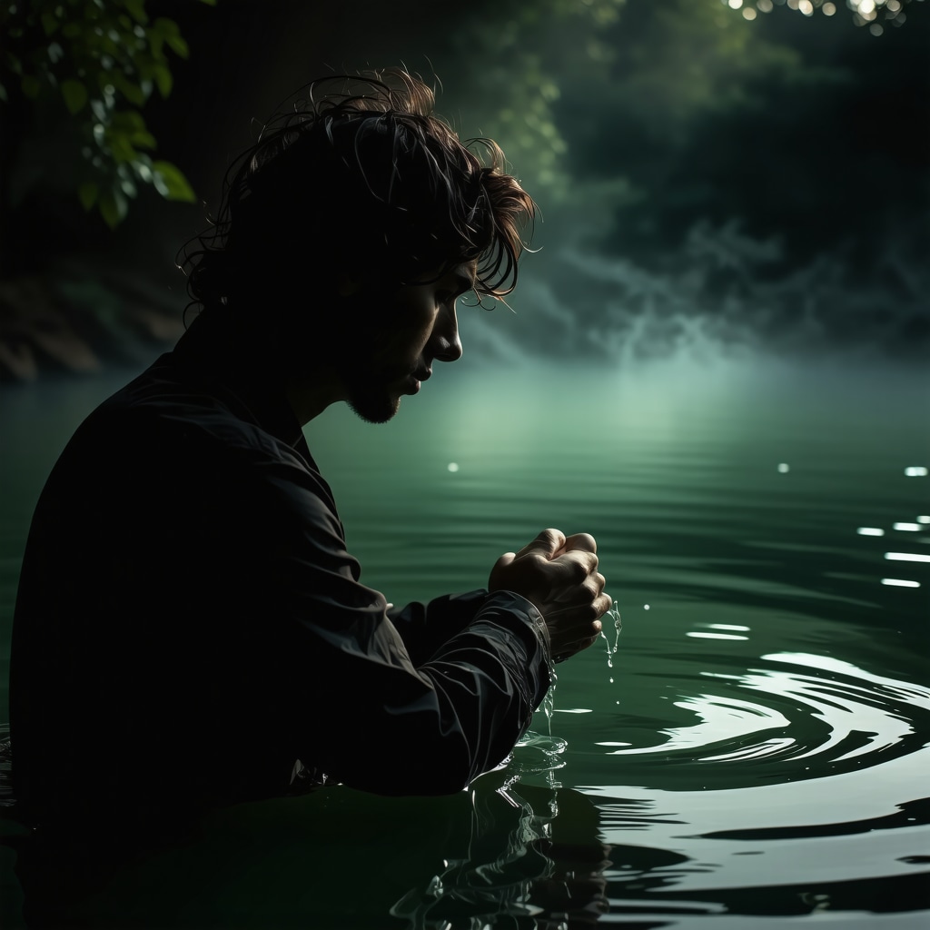 A person contemplating over a pool of muddy water representing spiritual challenges in Islamic dream symbolism