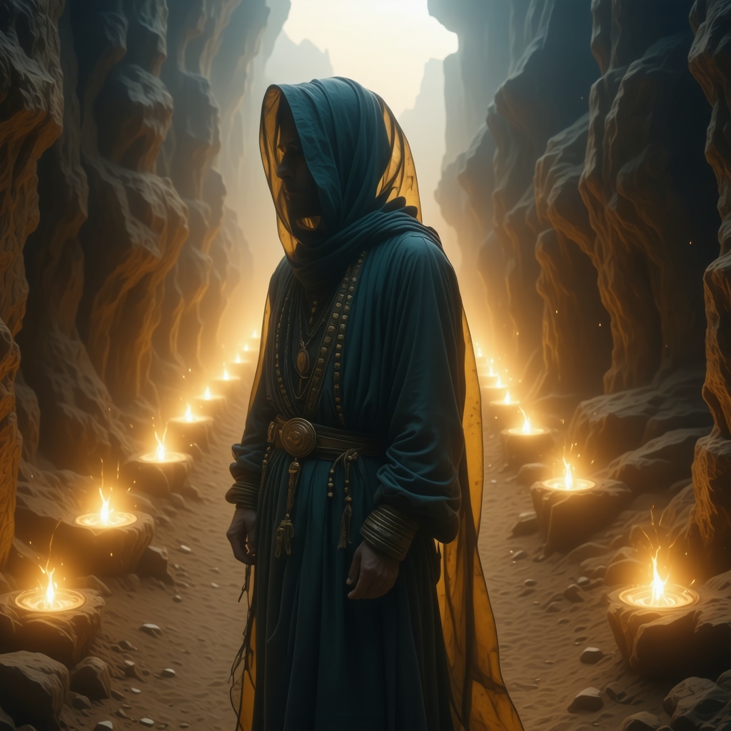 Ethereal Cigane figure in traditional clothing with mystical glowing paths representing spiritual journey