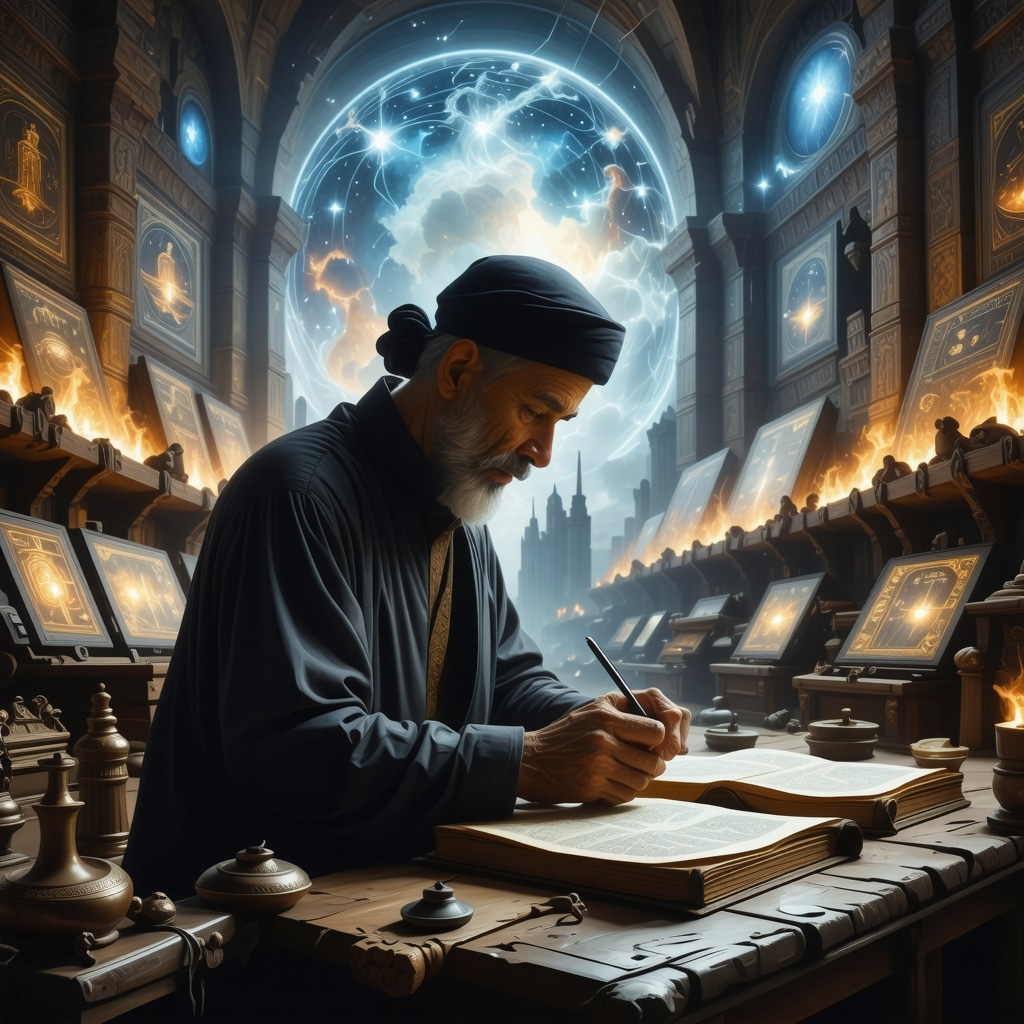 Islamic scholar studying manuscripts and digital data representing dream symbols