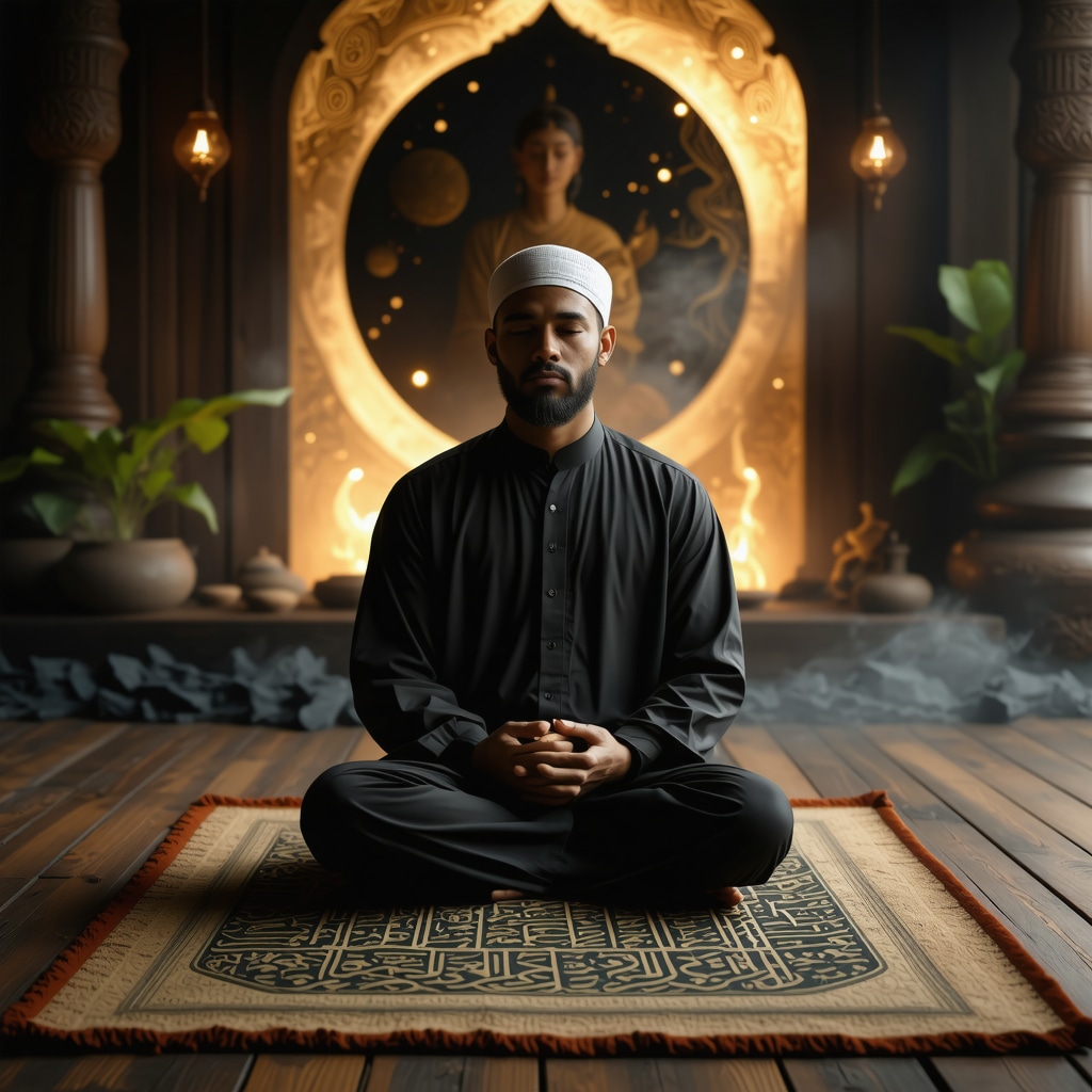 Muslim scholar meditating with glowing Quranic calligraphy and ethereal maternal figure representing dream symbolism