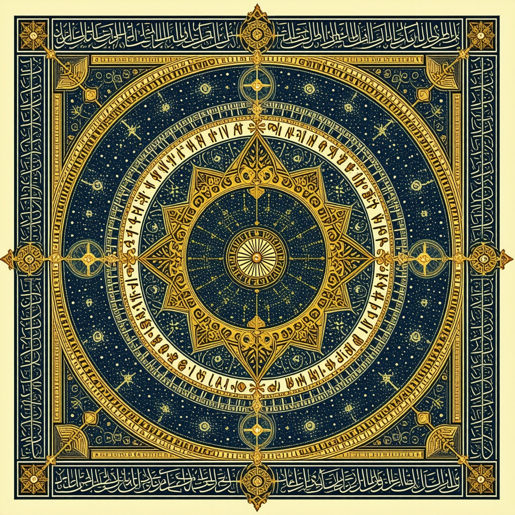 Intricate Islamic geometric pattern featuring symbolic scales and Arabic calligraphy representing balance and divine justice