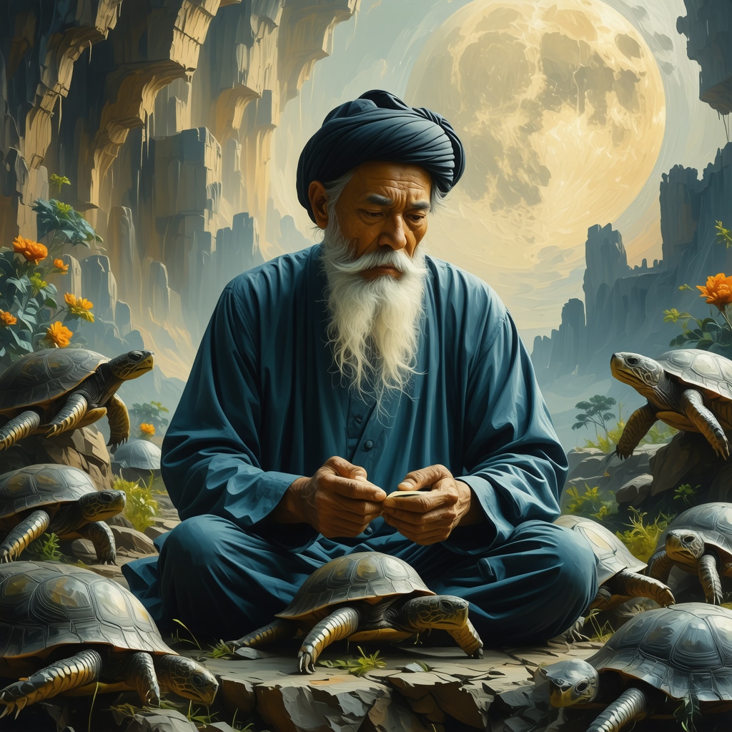 Islamic scholar meditating amidst symbolic turtles representing spiritual resilience and protection