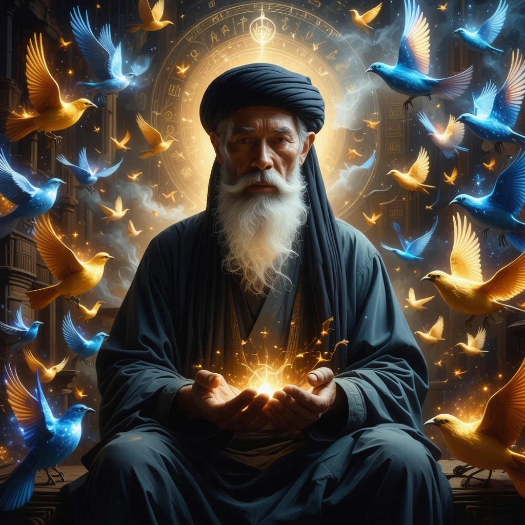 Islamic scholar with glowing symbolic birds representing spiritual dream interpretation