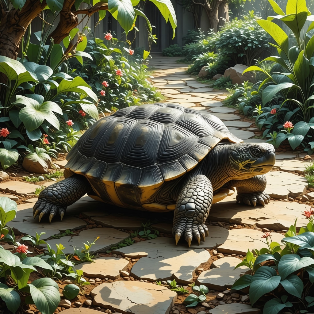 Turtle slowly moving in a lush Islamic garden symbolizing patience and spiritual protection
