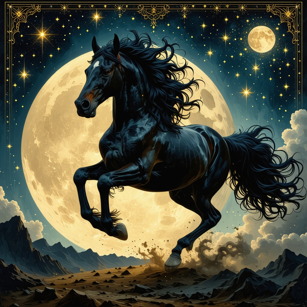 Black horse galloping at night with Islamic geometric patterns