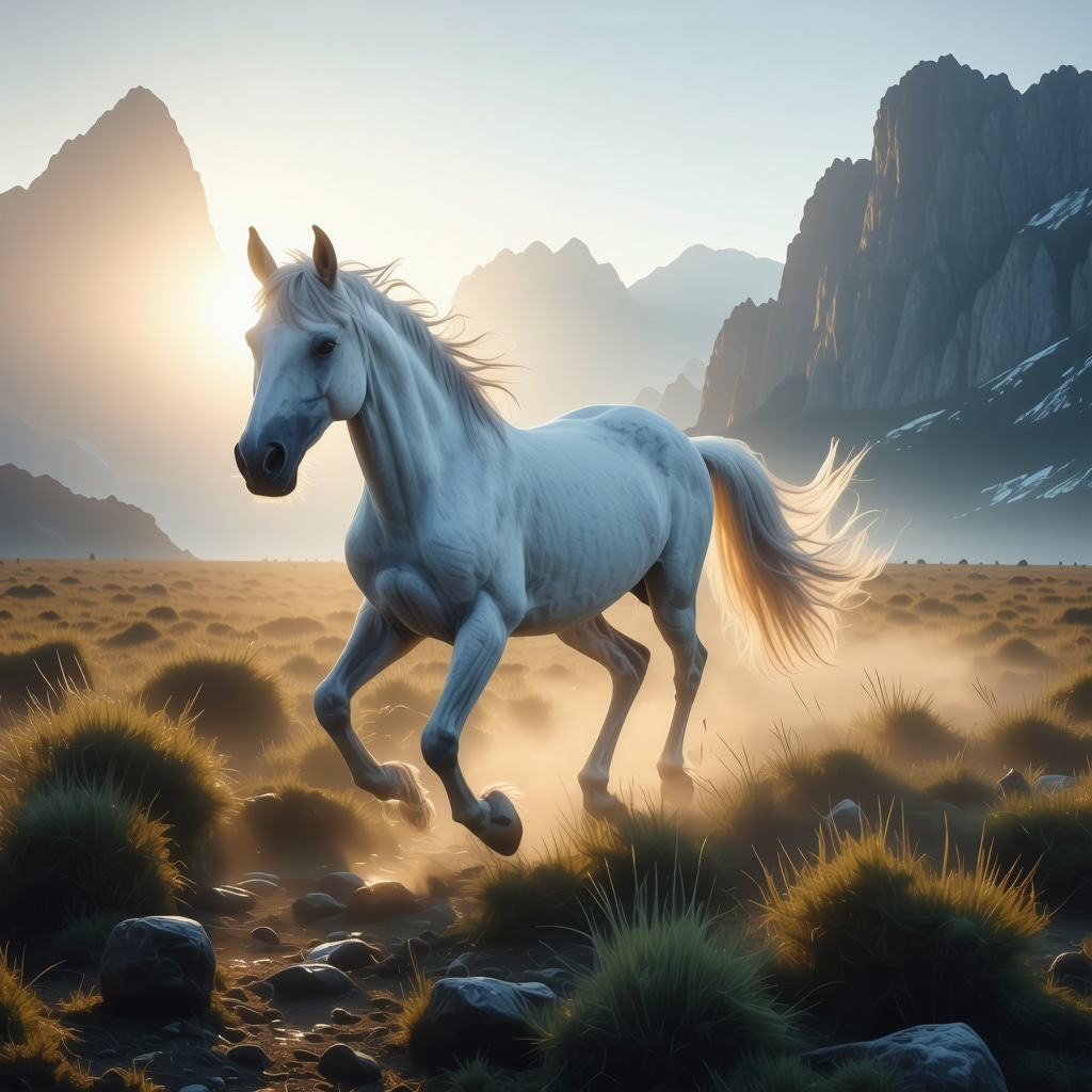 White horse galloping through a mystical landscape representing spiritual journey and harmony