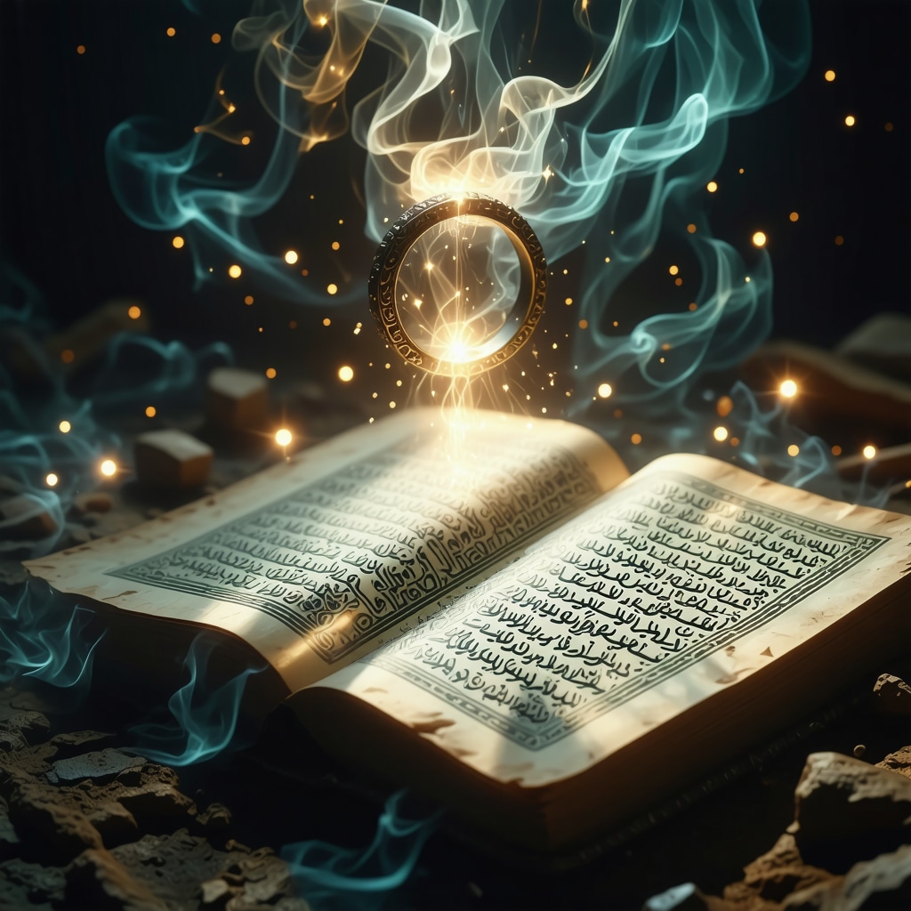 Glowing ring above an open Islamic manuscript illuminated by ethereal light symbolizing spiritual and psychological insight