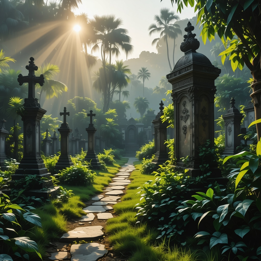Serene Islamic cemetery at dawn with light rays illuminating tombstones and peaceful garden