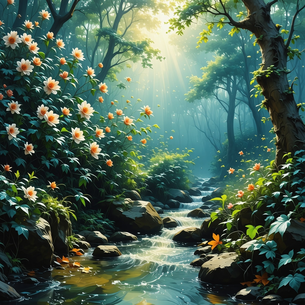 Illustration of a forest transitioning through spring and autumn with water and light symbolizing spiritual cycles in Islamic dreams