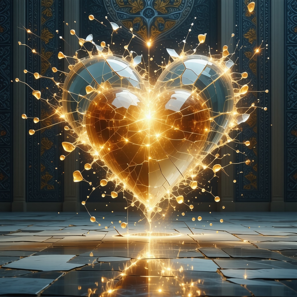 A mystical broken mirror with glowing heart symbolizing spiritual fragmentation and healing in Islamic mysticism