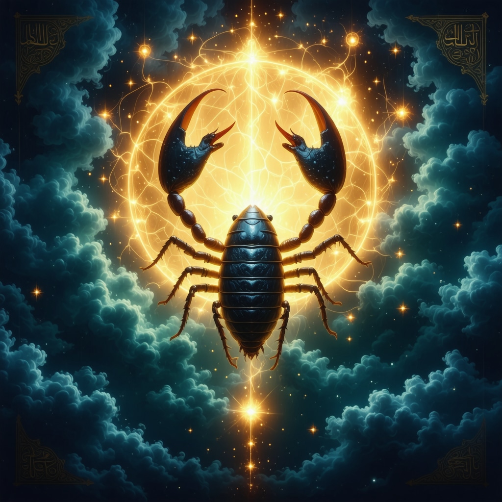 Glowing scorpion symbol with Quranic calligraphy representing spiritual trials and awakening