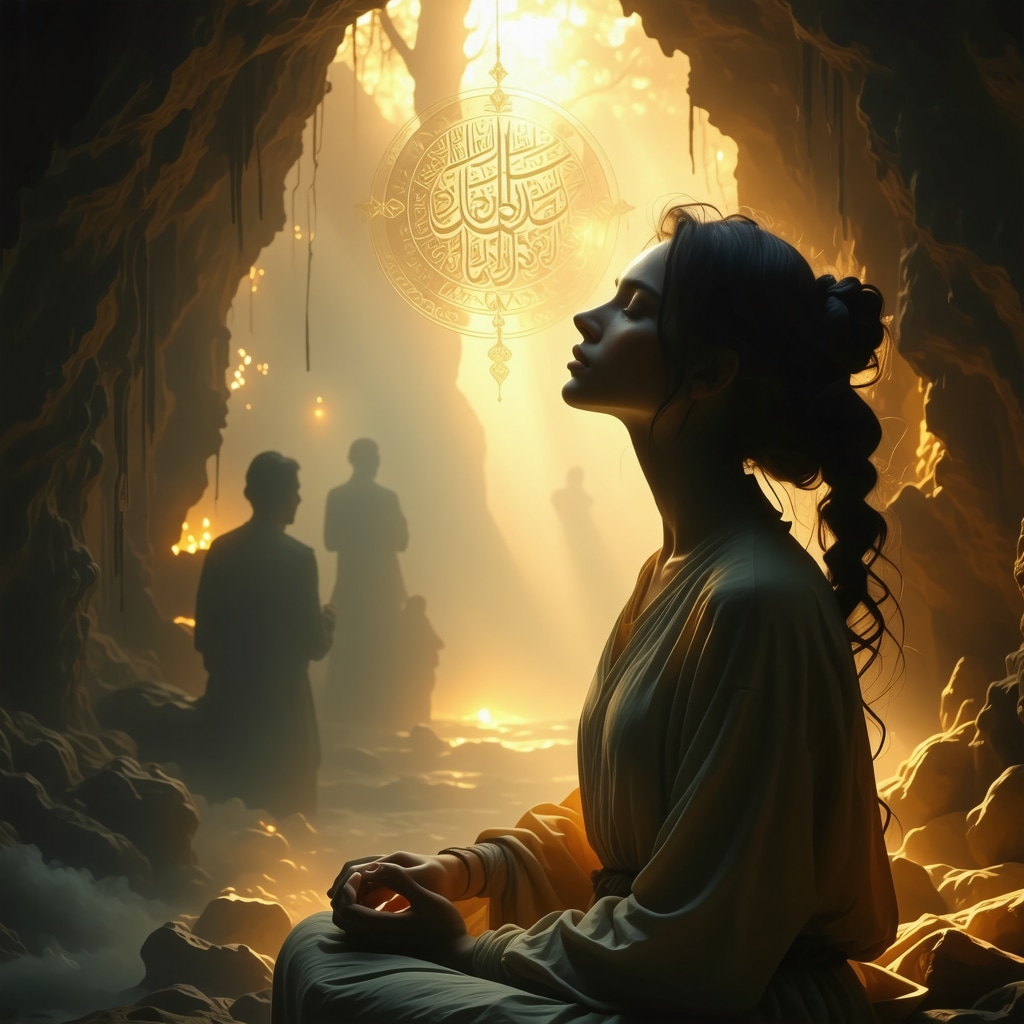 Ethereal dreamscape showing a woman with fading figure of a former husband and Quranic symbols representing spiritual insight