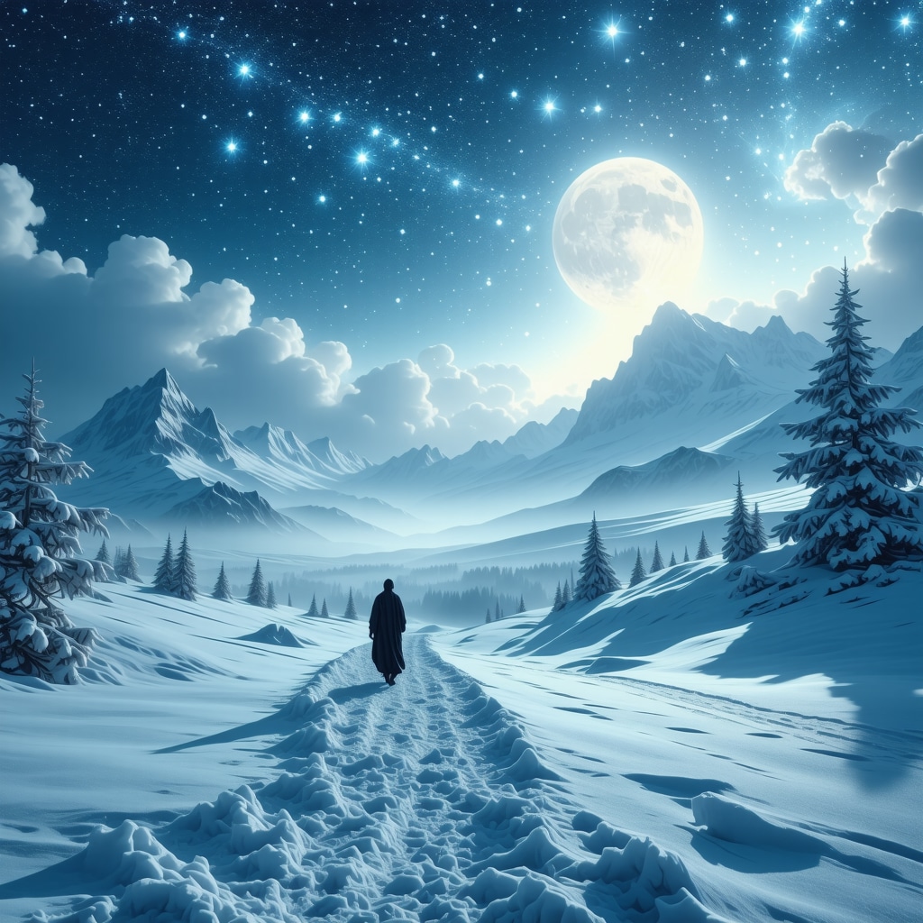 Contemplative figure walking in snowy landscape with Islamic geometric patterns symbolizing spiritual transformation