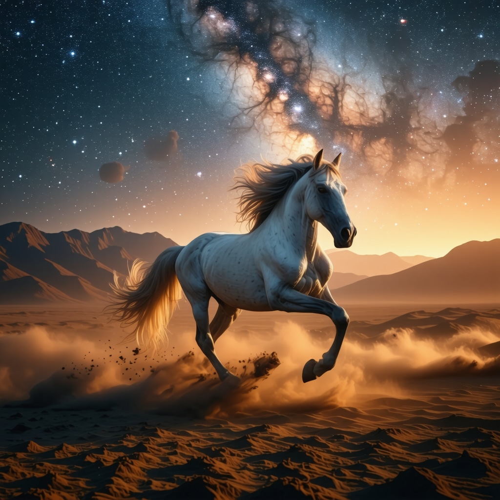 Majestic horse galloping in a mystical desert under stars representing spiritual journey