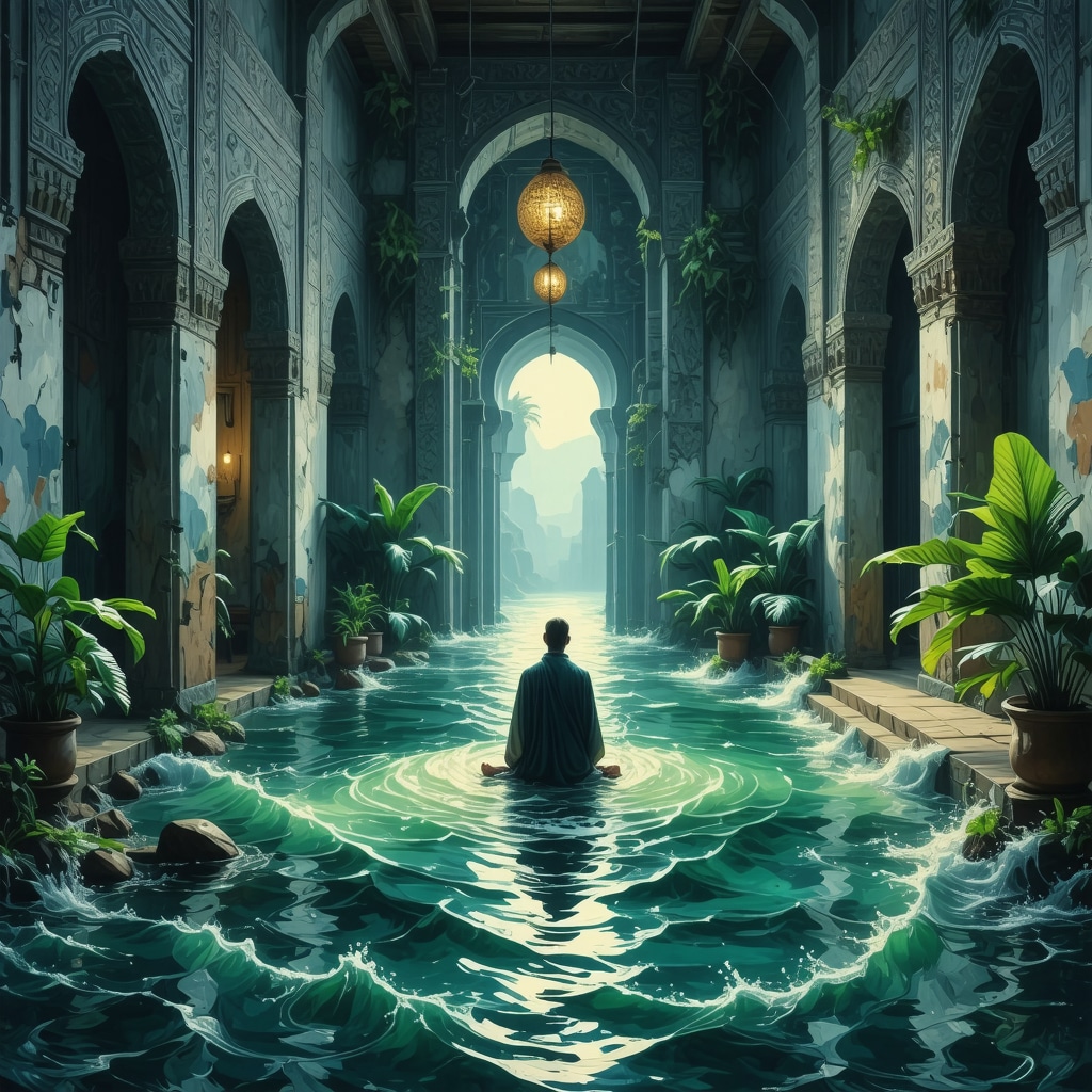Artistic illustration of a flooded room in an Islamic home with a calm figure symbolizing spiritual reflection